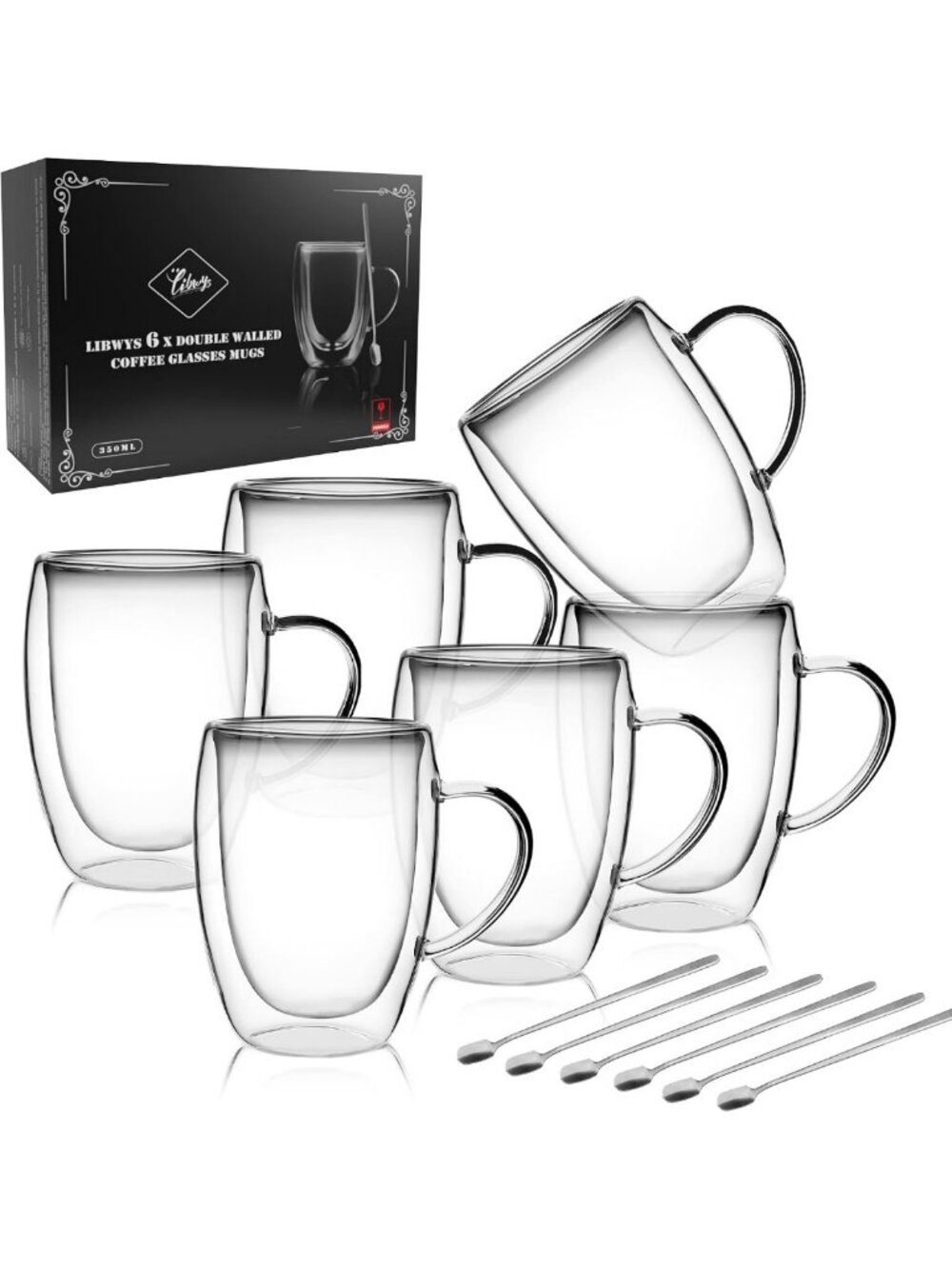 Double Walled Glass Coffee Mugs - 12oz Borosilicate, Set of 6 - Insulated Cups